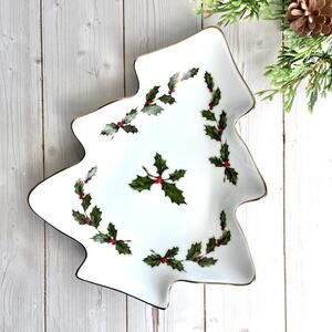 VTG Lefton Christmas Tree Shape Dish Plate Porcelain Holly Berry Gold Gilt 05246